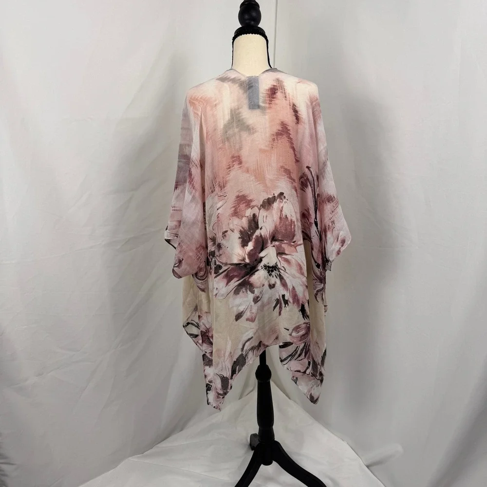 Vince Camuto Kimono Wrap Women One Size Blush Floral Good Sheer Open Front Layer